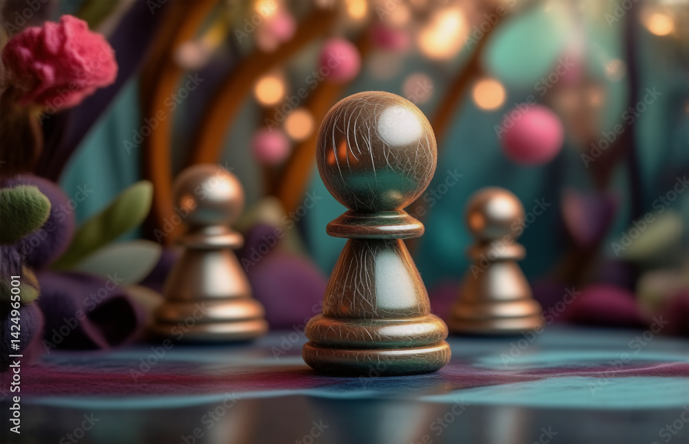 Poster a whimsical scene of chess pieces on a table. surrounded by blurred lights and floral elements in a 