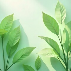 Naklejka premium Bright and natural photo of green leaves with soft shadows against a pastel green background. Perfect for eco-friendly themes, wellness content, organic product branding, or spring visuals.