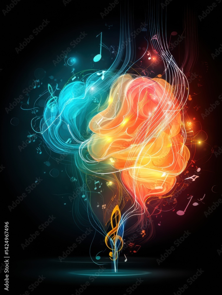 Poster colorful brain icon radiating happiness with musical notes and vibrant light flow creating a harmoni