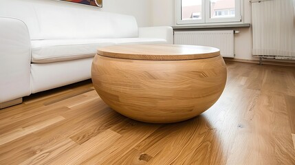 Minimalist living room featuring a spherical wooden table and white sofa