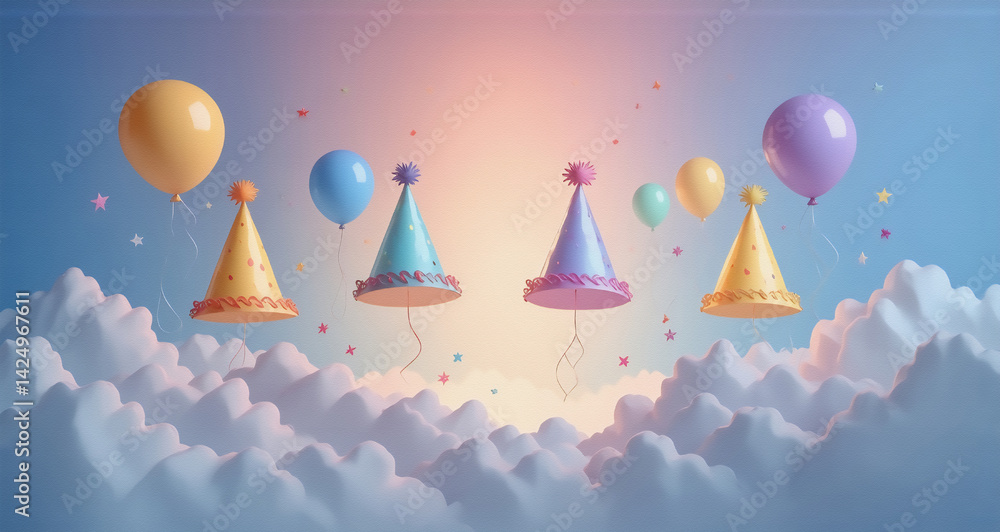 Poster Celebratory scene with colorful balloons and party hats floating above fluffy clouds in a dreamy, soft-lit sky. Hints of confetti add to the festive atmosphere.