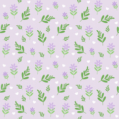 seamless pattern purple daisy and leaves with lilac background 