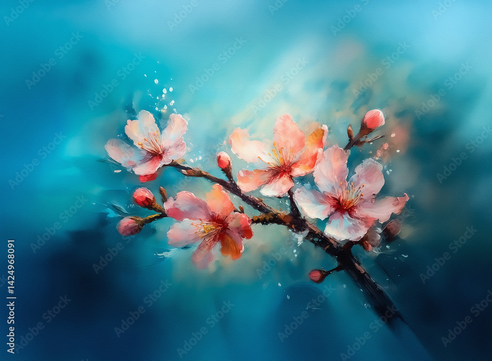 Aufkleber here's a description and keyword list: a close-up view displays a delicate floral branch, with soft 