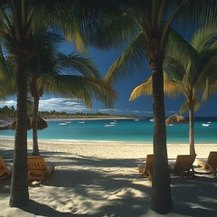 Tropical beach paradise.  Tranquil turquoise water, white sand, and lush palm trees create a serene beach scene