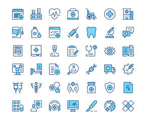 Healthcare icons. Vector line icon set. Modern outline design. Blue concept