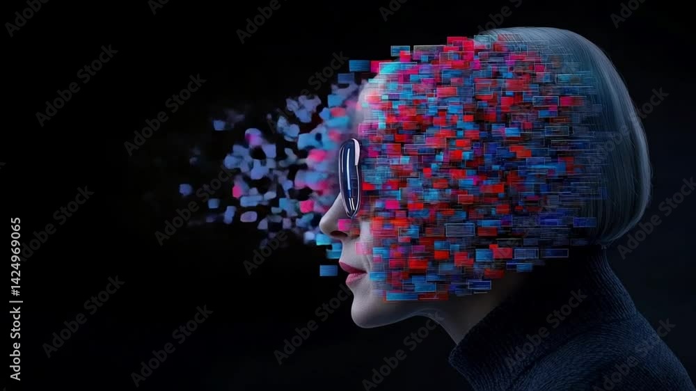 Poster futuristic portrait of a person with data visualization elements and digital glitches in a modern ar