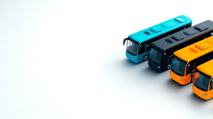A lineup of colorful buses in various shades, showcasing modern design and vibrant colors against a minimalistic background.