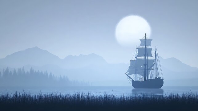 Sailing ship at moonlit sea.