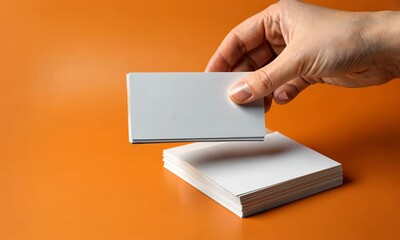 Hand holding blank business cards against orange background