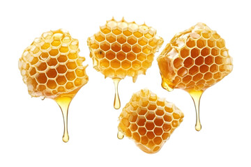 Isolated Photo of Honeycomb Pieces Dripping Honey on Transparent Background