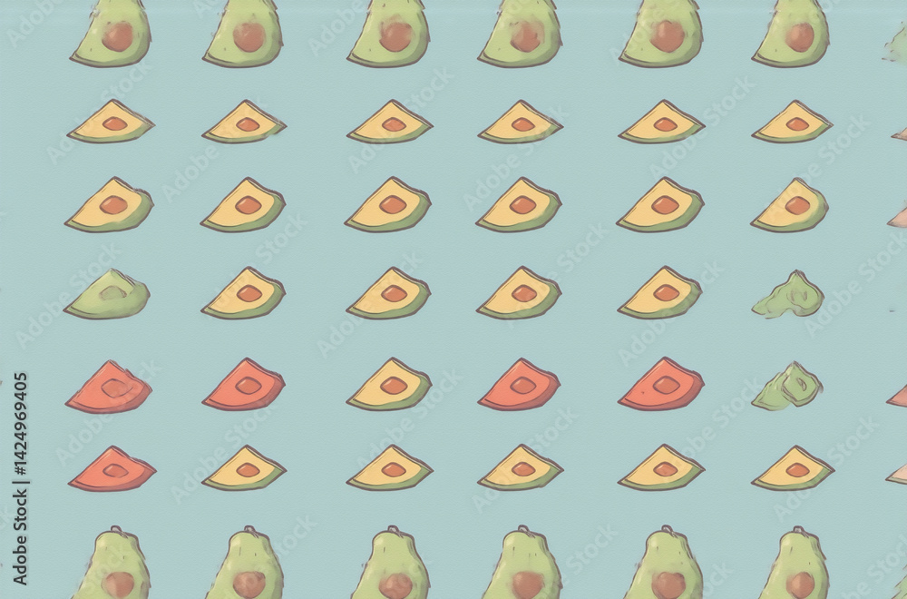 Aufkleber A repeating pattern featuring avocado and watermelon slices, rendered as cute cartoon avatars against a light blue background.  The design is simple and playful.
