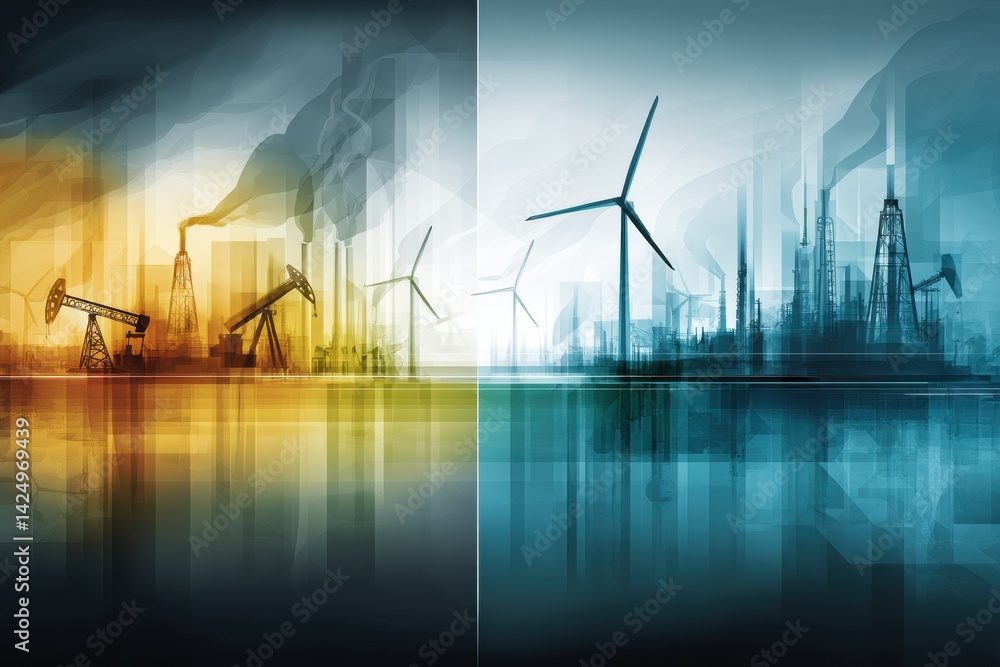 Poster Futuristic Concept Showing the Coexistence of Green Energy and Petroleum in a Split-Screen Design Portraying Contrasting Environments