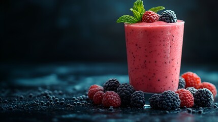 Refreshing raspberry and blackberry smoothie in a glass.