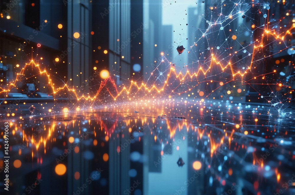 Poster Here's a description and keywords:

Abstract cityscape glows with a data visualization, reflecting the energetic digital world. Hints of structures interact with the data flow creating a vibrant netwo