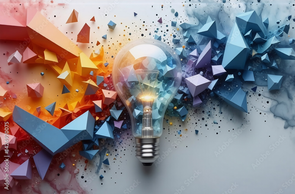 Poster glowing lightbulb surrounded by fragmented colorful shapes. warm and cool tones meet, creating a dyn