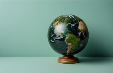 A globe of Earth is placed on a wooden stand, set against a light green backdrop. The continents are clearly visible on the spherical object.