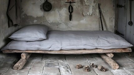 Rustic log bed in a rural setting with aged walls and pine cones on stone floor