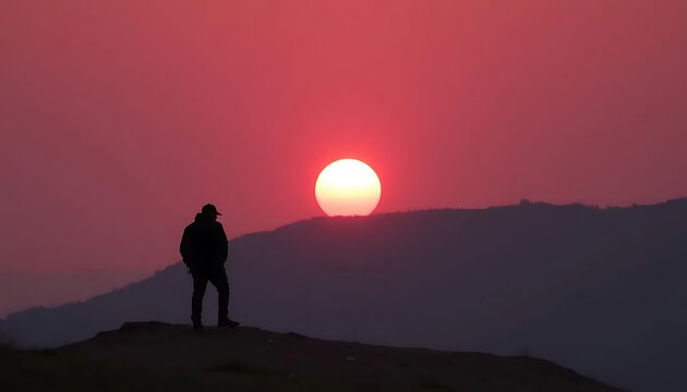 Solitude and sunset contemplation: Silhouette of a traveler against a vibrant sky