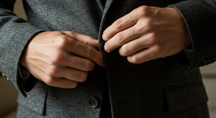 Man Fastening a Dark Gray Suit Jacket Button, Close Up Detail