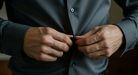 Man Buttoning Up His Shirt Preparing for the Day or Special Event