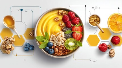 Bright Tropical Smoothie Bowl With Vitamins and Fresh Fruits Displayed in an Infographic Style