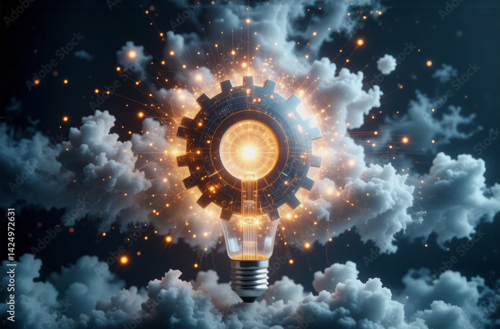 Poster a light bulb with a gear inside emits bright light, enveloped in clouds and sparkling particles. con
