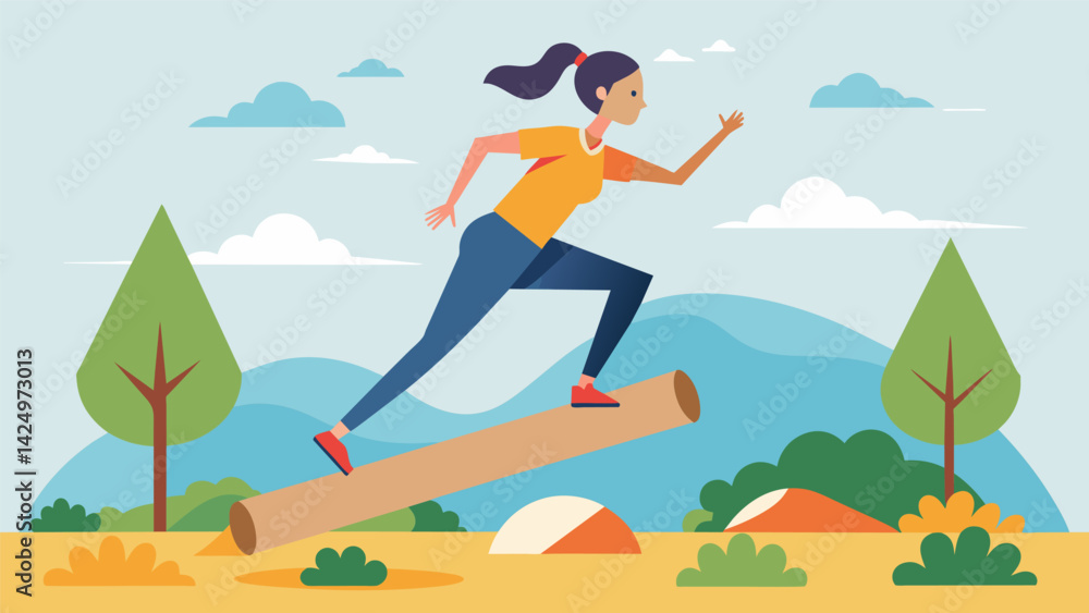 Poster engaging your core and stability muscles by navigating across a series of balance beams and logs enj