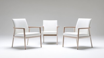 Three simple, light-colored armchairs, arranged in a small circle, against a bright white backdrop.  The chairs have wooden frames and white leatherette upholstery