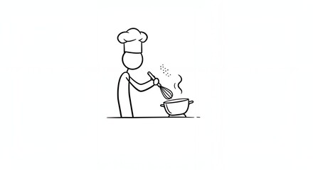 Stick Figure Chef Aerating Food In Pot Simple Black And White Illustration On A Clean White Backdrop