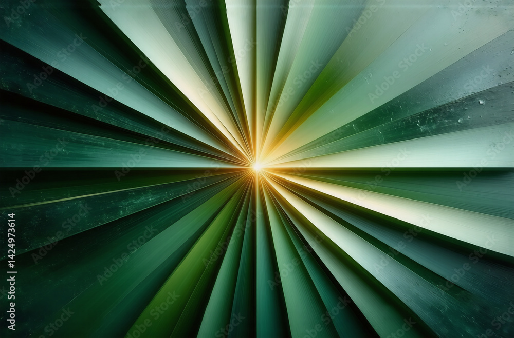 Poster abstract image featuring radiating green lines converging at a bright center point, creating a burst