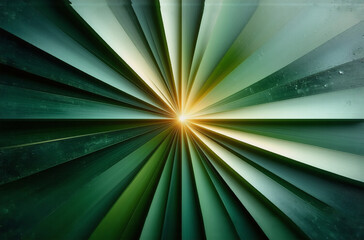 Abstract image featuring radiating green lines converging at a bright center point, creating a burst of light and depth with varying shades of green.