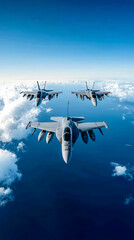 Aerial view of three military fighter jets flying in formation above the clouds, showcasing sleek designs against a blue sky.