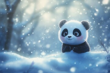 Cute Panda in Snowy Forest Scene
