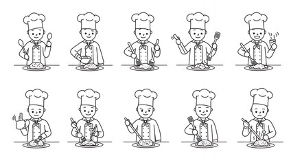 Fototapeta premium Black And White Stick Figure Chef Character In Various Cooking Actions On White Background