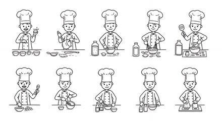 Fototapeta premium Black and White Stick Figure Chef Emulsifying Sauces and Dressings on White Background Cooking Process Illustration