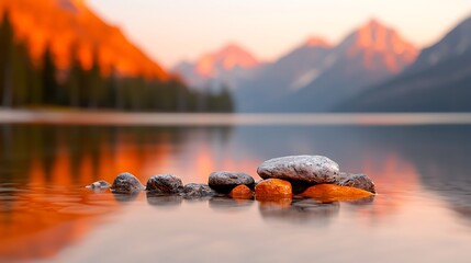 Serene Lake Landscape with Stacked Rocks at Sunrise