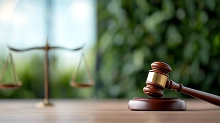 Brown Gavel and Golden Scales of Justice on Wooden Table Against Blurred Green Background