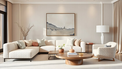 Elevate interiors with this modern minimalist living room—soft neutrals, elegant textures, and warm lighting combine for a serene, sophisticated space perfect for real estate, interior design 
