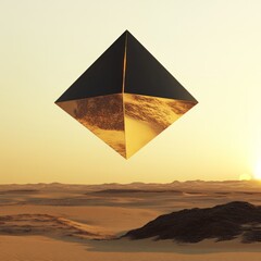 Floating golden pyramid over desert landscape