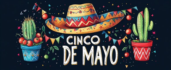 A vibrant festive banner for Cinco de Mayo featuring a sombrero, cacti, and colorful bunting, perfect for celebrations, greeting cards, and party invitations.