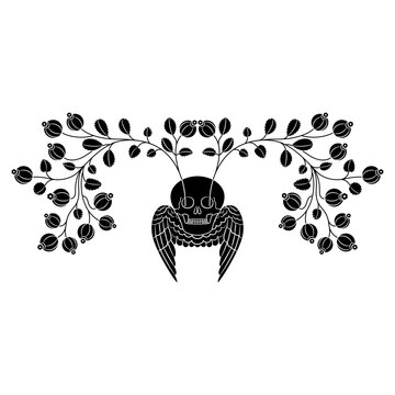 Two blooming branches with fruits sprouting from eye-sockets of a winged skull. Creative concept. Life and death. Memento mori symbol. Black and white silhouette.