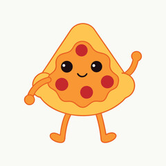Kawaii-style pizza slice with big sparkling eyes, rosy cheeks, tiny smiling mouth, gooey cheese dripping with cute hearts on top, toppings shaped like stars, isolated on white background 