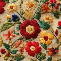 Detailed embroidered floral pattern on beige fabric.  Intricate stitches create vibrant blossoms and leaves