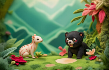 Obraz premium A cute, clay-like image featuring two charming animals in a vibrant jungle setting. One striped animal gazes at a playful black bear cub surrounded by colorful plants and greenery, nestled in nature.