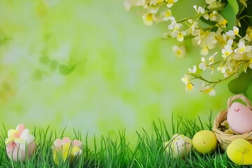 Playful springtime background with fresh green grass yellow blossoms decorative eggs and soft focus greenery creating cheerful seasonal design for Easter or nature themes