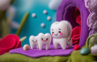 Fototapeta premium A whimsical illustration depicts friendly tooth characters with charming expressions in a vibrant, colorful environment. Hints of fantasy abound, suggesting a playful dental world.