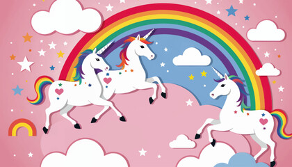 Magical Unicorns_Rainbows and Clouds_Whimsical Fantasy Art_Cute Unicorn Illustration for Kids_Colorful Cartoon Dreamscape_Pastel Pink Background with Stars