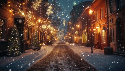 Snowy Christmas street scene at night, with festive lights and decorations