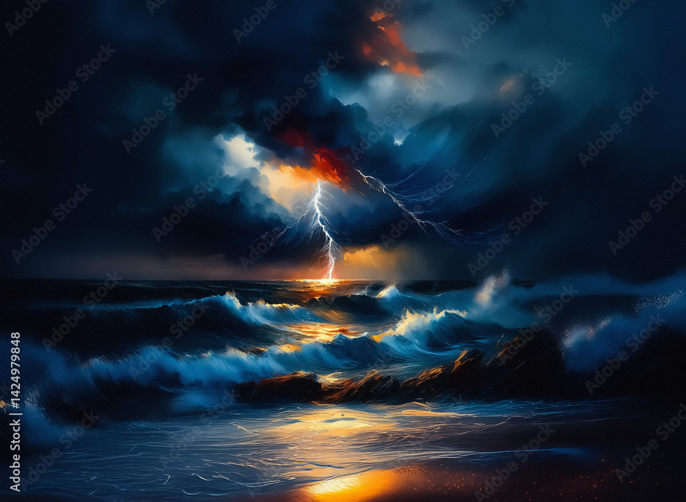 Aufkleber a dramatic seascape unfolds under a stormy sky, illuminated by a lightning strike. waves crash again