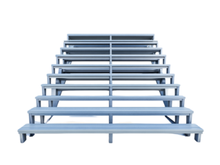Minimalist tiered bleachers seating structure against pitch black backdrop